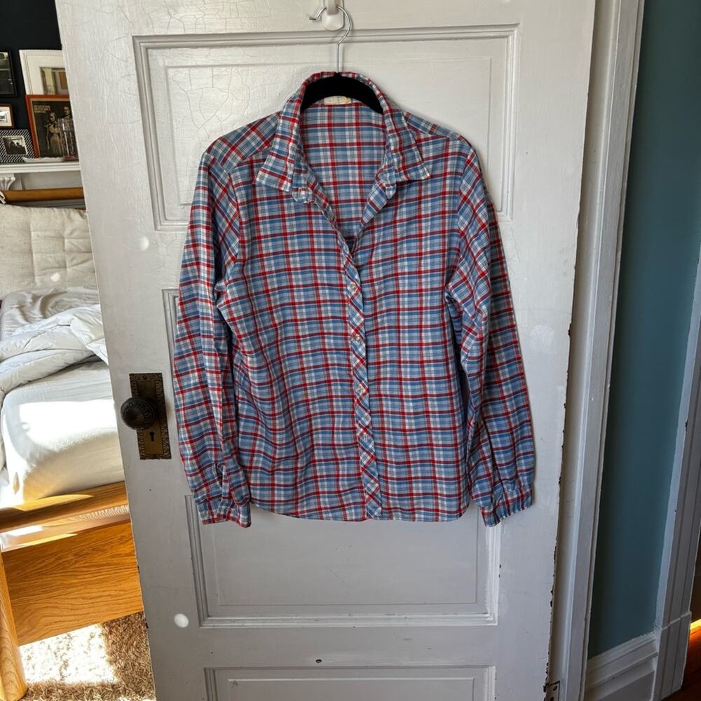Vintage‎ Western Plaid Shirt Boys Size Medium Blue Red Pearl Snap Cowboy